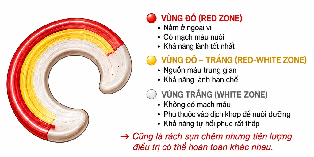 Sơ đồ 3 vùng cấp máu của sụn chêm khớp gối và hướng xử trí lâm sàng